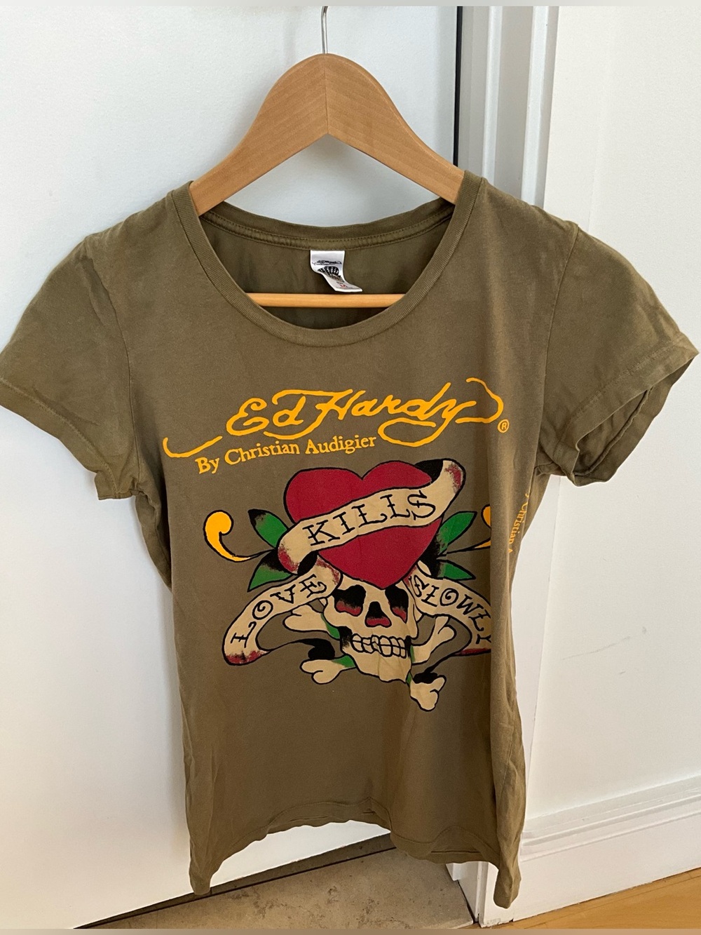 Christian Audigier Olive Graphic Skull & Heart Tee